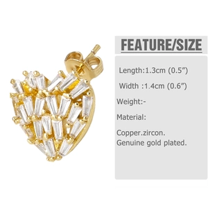 Detailed view of gold plated heart stud earrings with cubic zirconia and dimensions