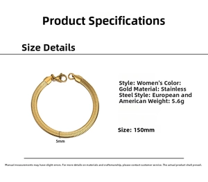 Close-up of a 5mm gold stainless steel snake chain bracelet with size specifications