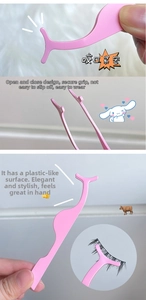 Detail view of pink matte eyelash tweezers featuring a wide curved tip for precise application