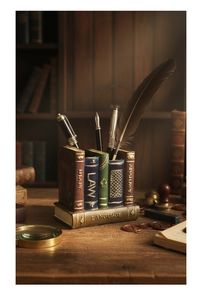 Macro view of vintage resin book-shaped pen holder with detailed LAW and DIARY engravings