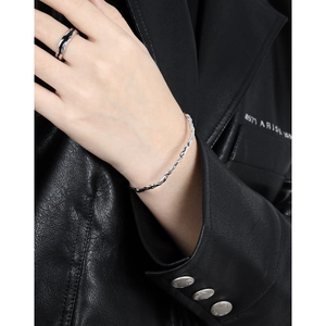 Minimalist S925 sterling silver jewelry set featuring a lava texture ring and thin bracelet