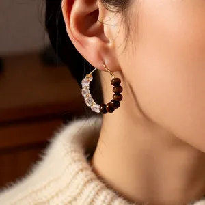 Tiger eye and zircon round hoop earrings with elegant mixed material vintage design