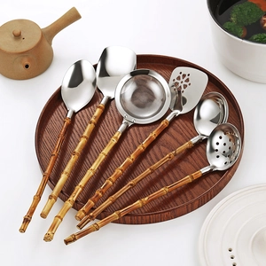 Kitchen Utensils 304 Stainless Steel With Natural Bamboo Handle Heat Resistant Cooking Tools Spatula Soup Spoon Colander
