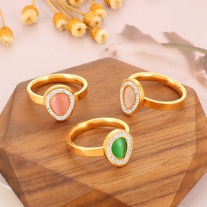 Three-piece gold stainless steel ring set with teardrop gemstones and zircon halo