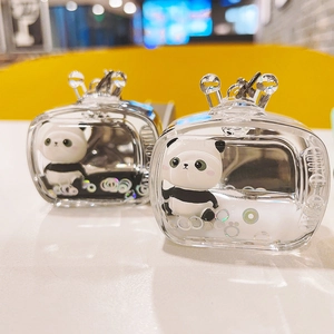 Panda floating liquid acrylic keychain in TV shape with glitter sand for bag charm decoration