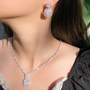 Vintage silver bridal jewelry set with square zircon pendant necklace and stud earrings