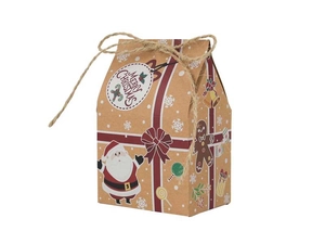 Detail of house-shaped kraft paper Christmas candy box with twine and festive patterns