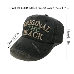 Detailed view of grey distressed baseball cap with embroidery and sizing dimensions