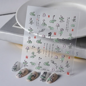 Adesivi Per Unghie In Rilievo 5D Stile Inchiostro Cinese Loto Pesce Koi Design Impermeabile Decorazione Manicure Per Donne