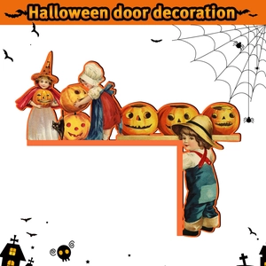 Detail view of retro Halloween wood door corner decor with vintage children and pumpkins