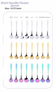 Detailed view of flower-shaped stainless steel spoons in various finishes and patterns