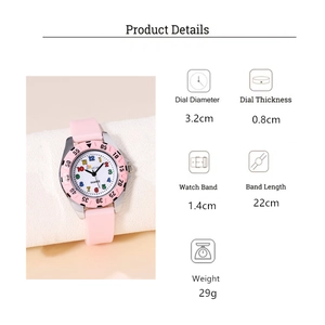 Detail view of pink silicone quartz watch with colorful numbers and size specifications