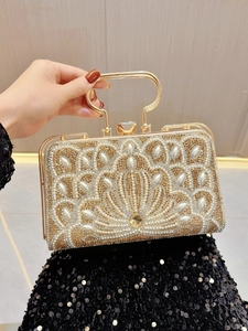 Luxury Evening Clutch Bag Rhinestone Faux Artificial Pearl Metal Handle Detachable Chain Strap For Banquet Wedding Party Women