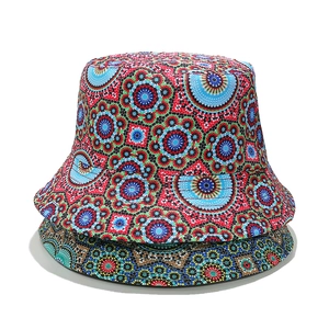 Bohemian bucket hat set with colorful mandala geometric kaleidoscope patterns on canvas fabric