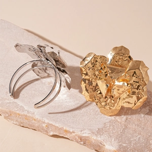 Irregular hammered metallic flower open ring in gold and silver finish for women