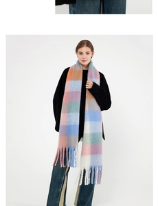 Detail of colorful plaid scarf with fringes showing soft wool texture and draped style