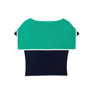 Green and navy contrast lapel knit vest top with white trim shown in flat lay