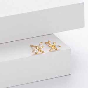 Golden S925 silver dragonfly stud earrings featuring marquise white cubic zirconia