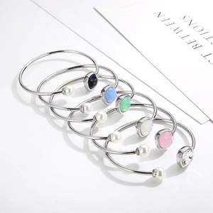 Stainless Steel Open Cuff Bracelet With Square Crystal And Shell Artificial Pearl For Women Adjustable Minimalist Fashion Jewelry