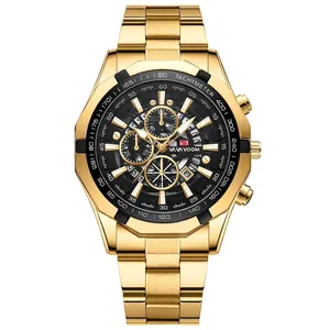 Men's gold steel watch with black chronograph dial and luminous calendar display