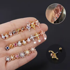 Boucles d'Oreilles Piercing en Acier Inoxydable Cuivre Zircone Lune Étoile Cœur Fleur Boucles d'Oreilles Cartilage pour Femmes Hommes Bijoux de Mode