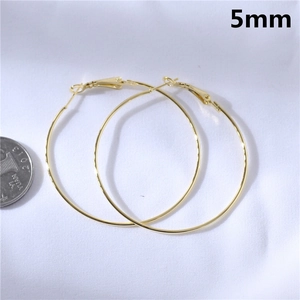 Close-up of golden hoop earrings featuring a 5mm thick tube with a coin for scale
