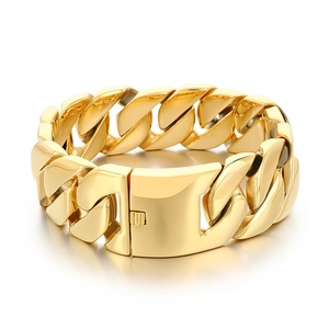 Golden heavy 304 stainless steel Cuban link bracelet with a polished finish on white background