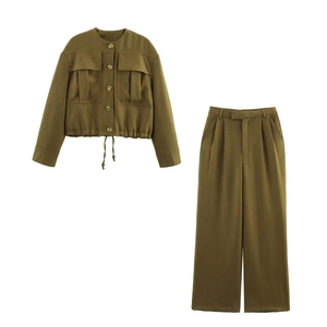 Olive green two-piece utility set with cropped jacket and wide-leg trousers on white background
