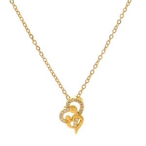 Detail of golden double heart pendant with cubic zirconia and symbolic mother-child figure