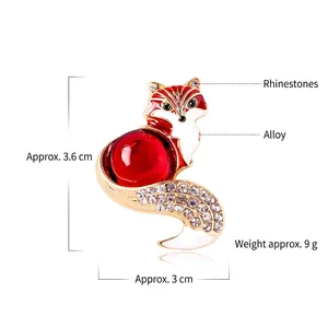 Vintage cute cartoon fox brooch in red enamel with rhinestones and green eyes, 3.6x3cm