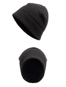Detail view of the soft fleece texture and interior lining of the black thermal beanie