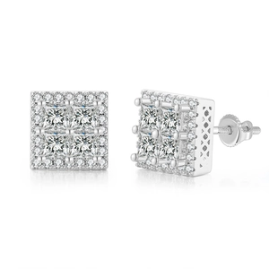 Detailed close-up of square silver stud earrings with full zircon paving and screw backs