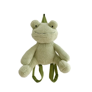 Cute green plush frog backpack with soft lamb wool texture and adjustable straps