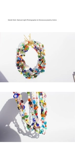 Macro detail shot showing colorful bohemian glass flower beads and white pearls on jewelry