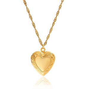 18K gold-plated stainless steel heart locket necklace with vintage floral engraving