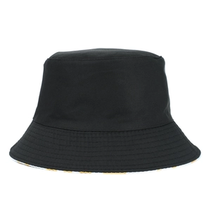 Classic black cotton bucket hat with yellow plaid lining and reinforced brim stitching