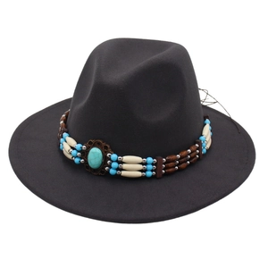 Ethnic Bohemian Fedora Hat Wool Felt Wide Brim With Turquoise Bead Band Retro Jazz Style For Women Men