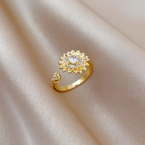 Sunflower Open Adjustable Ring Brass Gold Plated With Zircon Rhinestone Full Diamond Elegant Jewelry For Women