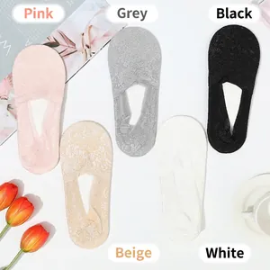 Five pairs of breathable floral lace invisible socks in pink, grey, black, nude, and white