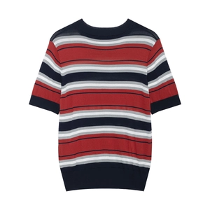 Classic crewneck short sleeve striped knit top in red navy and white for women