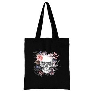 Schwarze Canvas-Tragetasche mit künstlerischem Totenkopf- und Blumenmuster-Druck
