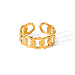 Detailed view of gold stainless steel Cuban chain link ring with adjustable open band
