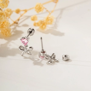 Pink heart zircon bow dangle earrings in silver with secure screw back closure