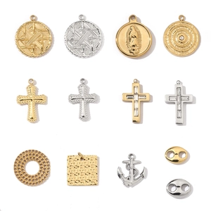 French Retro Stainless Steel Pendants For DIY Jewelry Making Cross Virgin Mary Anchor Pig Nose Square Hammered Charms Accessories