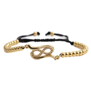 Gold infinity bracelet with clear zircon and adjustable black woven rope for women