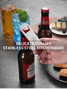 Detailed close-up of heavy-duty 304 stainless steel bottle opener with PVC grip