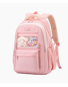 Side view of pink student backpack showing clear PVC window and breathable shoulder straps