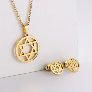 Minimalist gold hexagram jewelry set with star of David necklace and stud earrings