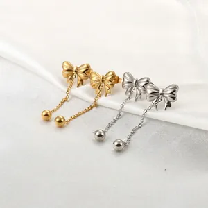 Titanstahl Schleife Lange Quasten Ohrringe Für Damen Gold Silber Minimalistische Runde Perle Hängeohrringe Eleganter Schmuck