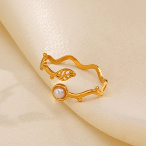 Gold leaf ring with white pearl, vintage adjustable stainless steel open design